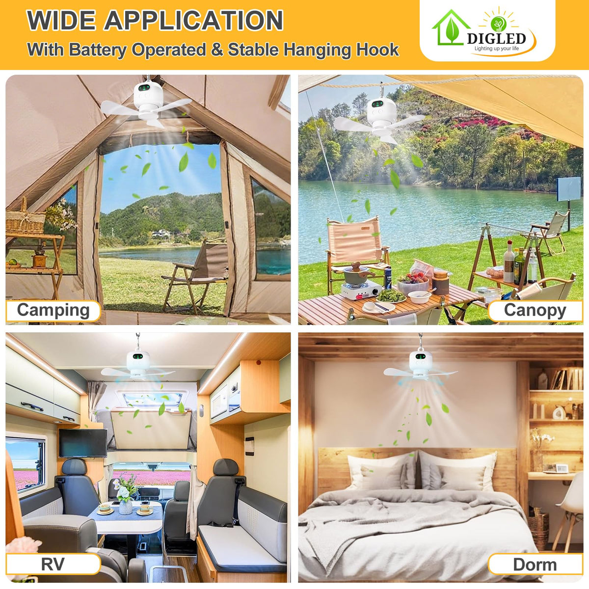 DIGLED built-in LED light softly illuminates tent interiors.