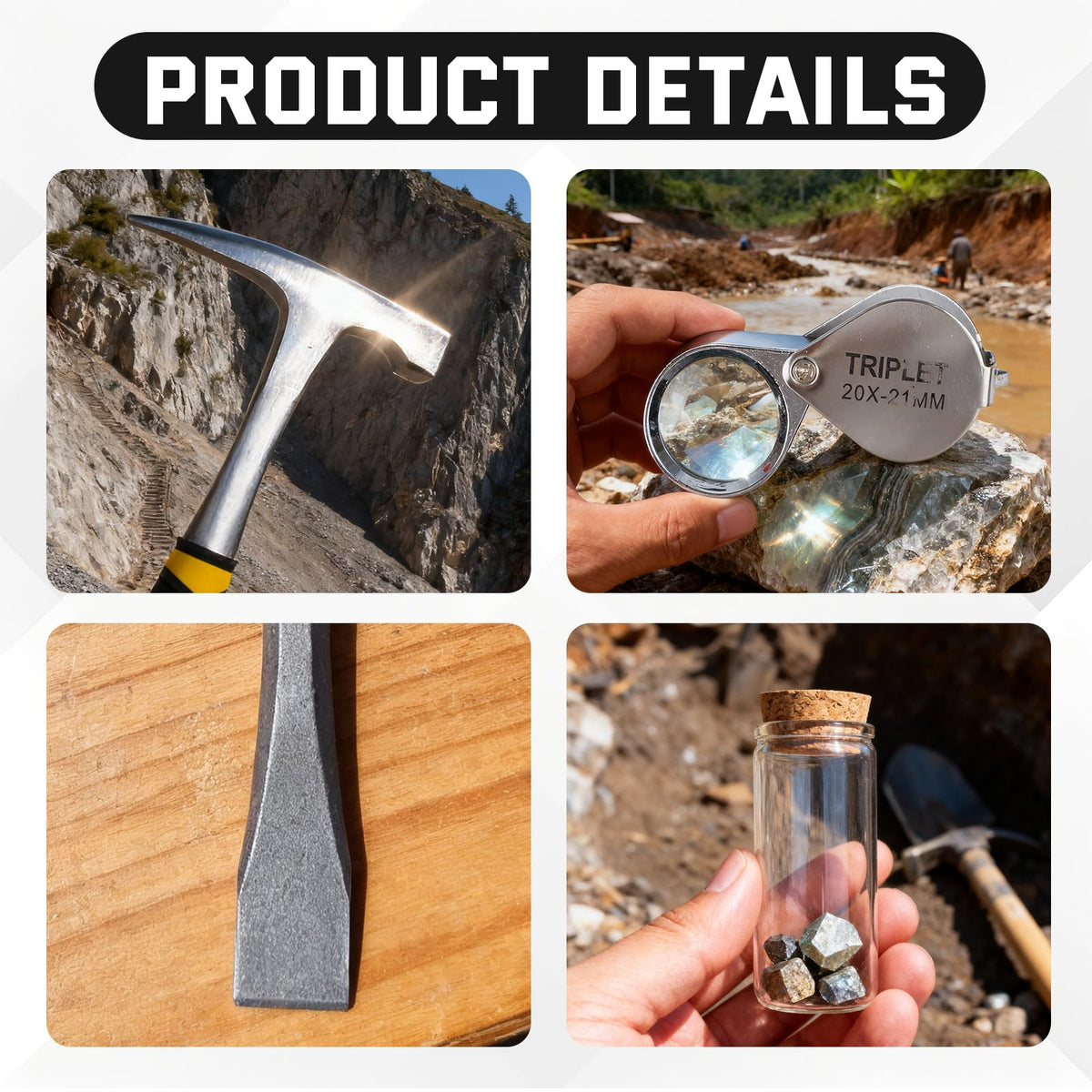 DigNew rock hammer and chisels – durable steel for reliable rock breaking.