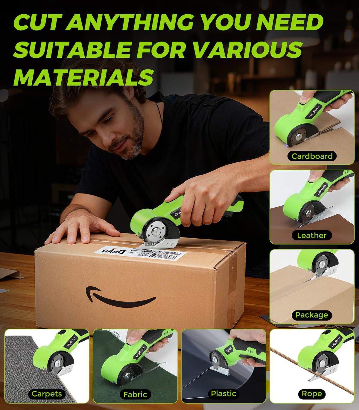 DIGOAKO Cutter demonstrates multi-material cuts on fabric and leather samples.