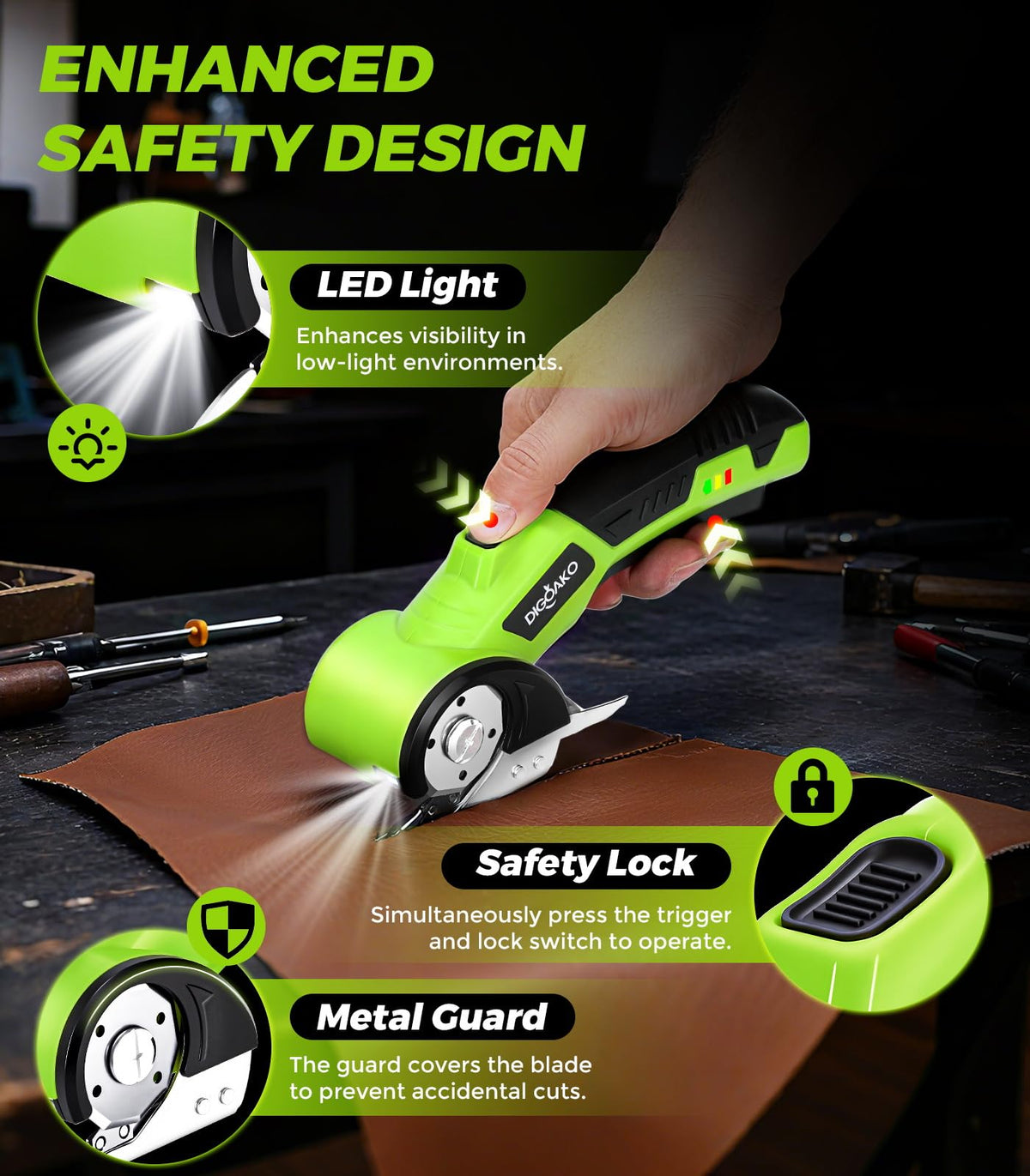DIGOAKO Cardboard Cutter safety lock shown for safer starts.