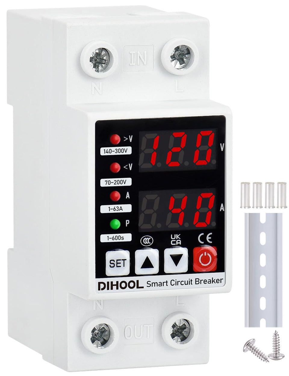 DIHOOL adjustable voltage protector front view on DIN rail protects electronics.