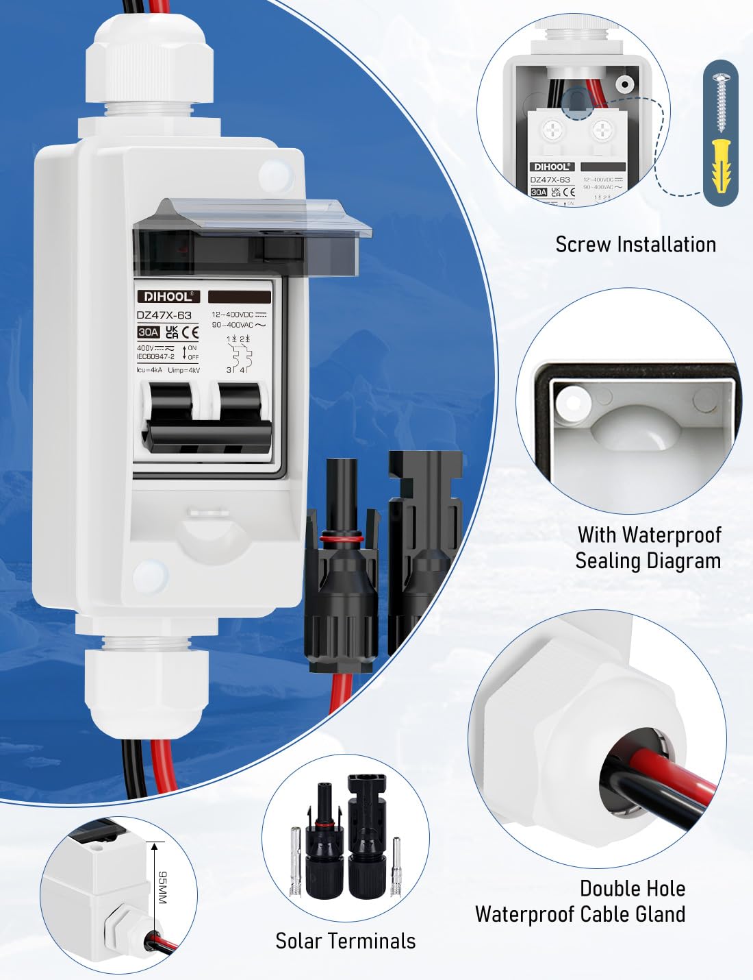 DIHOOL solar connectors with plug-and-play cables for quick wiring.