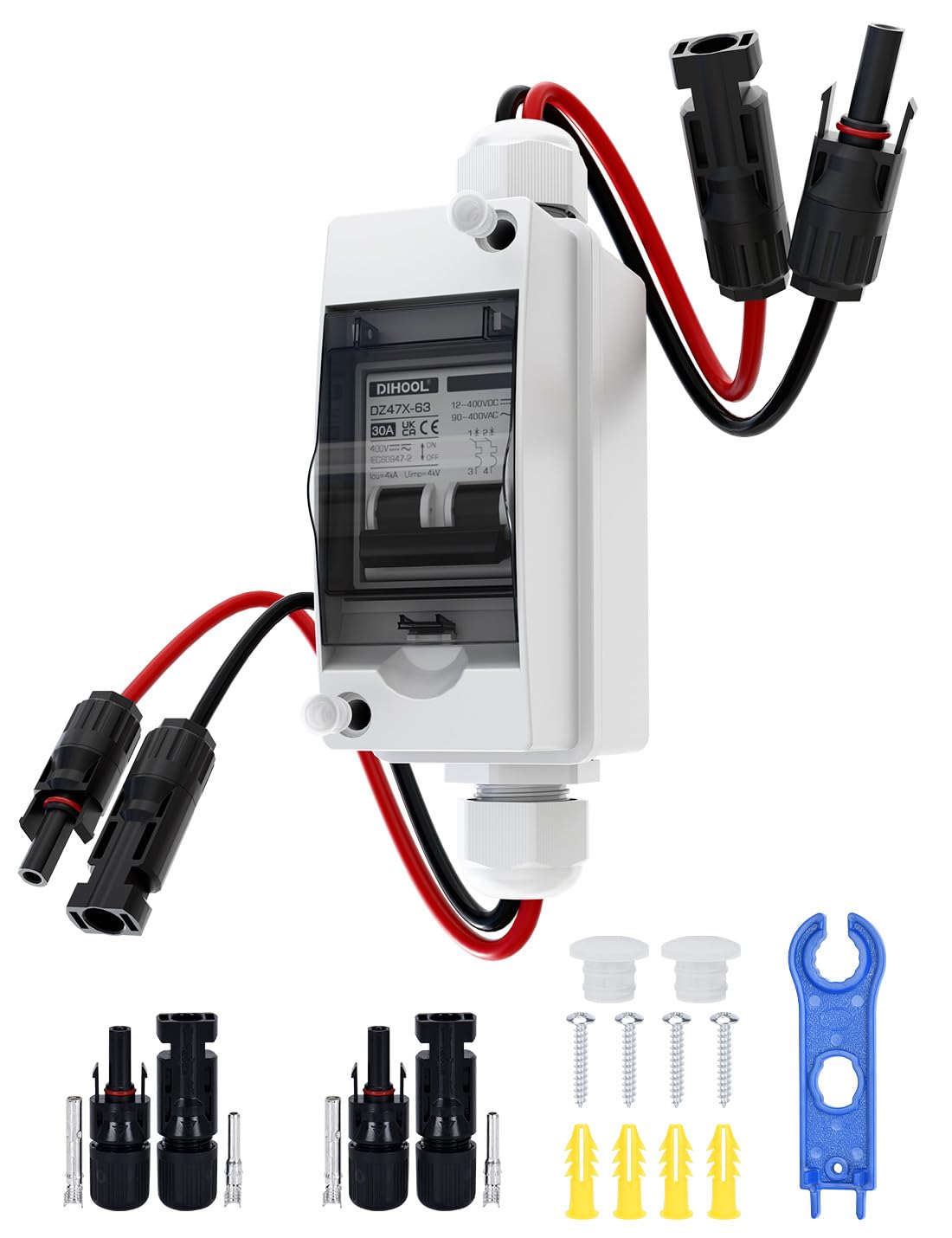 DIHOOL solar disconnect box outdoor front view with rugged IP65 protection.