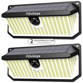 DijiuGoya solar security light outdoors with 466 LEDs delivering 4000lm brightness.