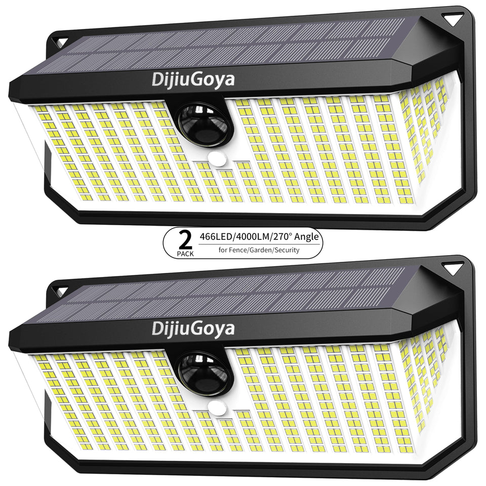 DijiuGoya solar security light outdoors with 466 LEDs delivering 4000lm brightness.