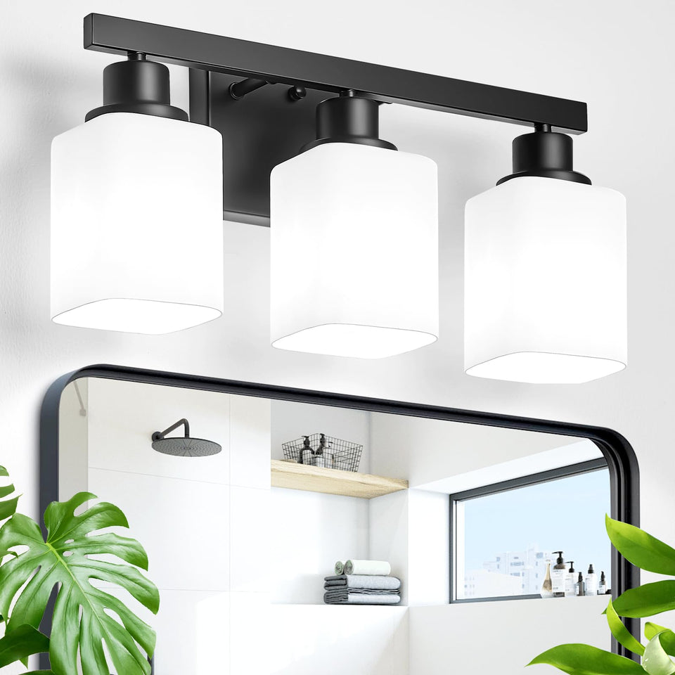 DIKAIDA 3-light vanity fixture with square frosted glass for a balanced modern look