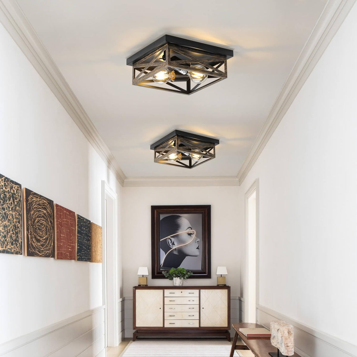 DIKAIDA industrial metal cage light viewed front view brightening dining spaces.