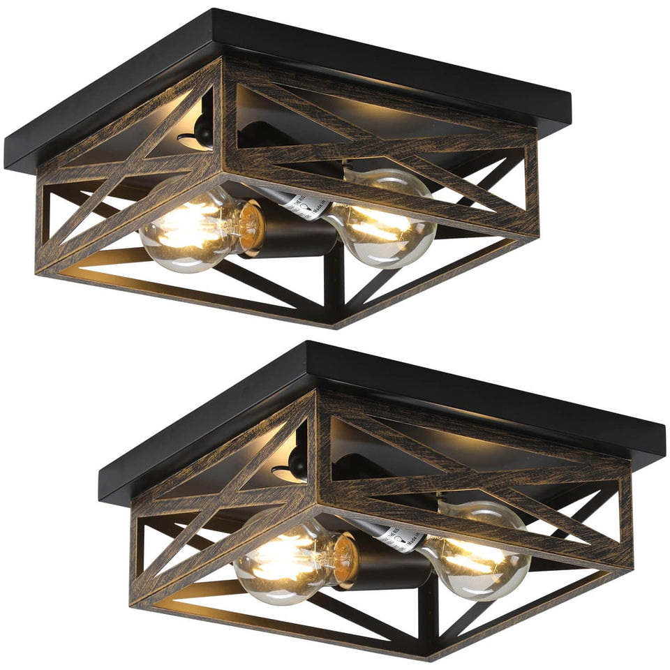 DIKAIDA rustic flush mount light with industrial cage for hallway illumination.
