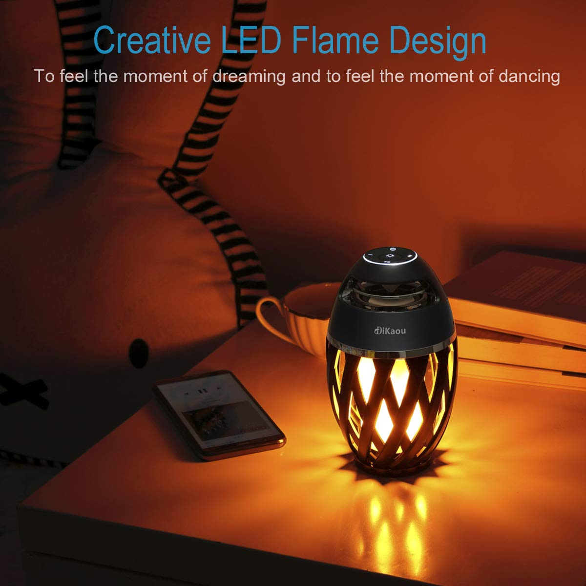 DiKaou flame lamp at dusk setting enhances garden mood.