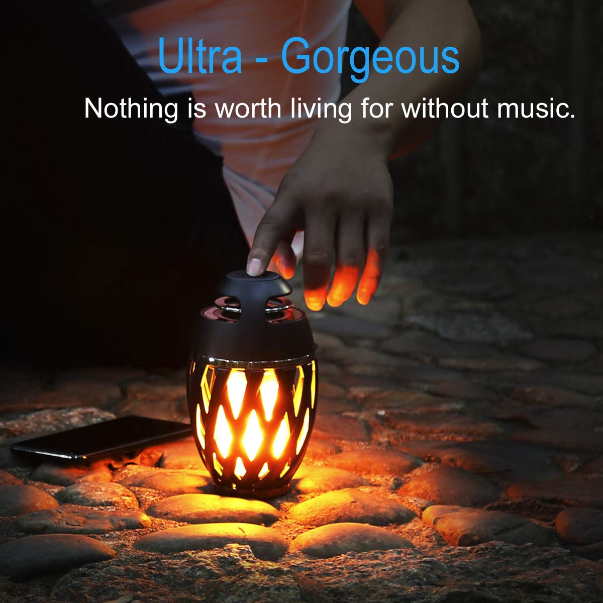 DiKaou flame lamp with speaker side view for outdoor ambiance.