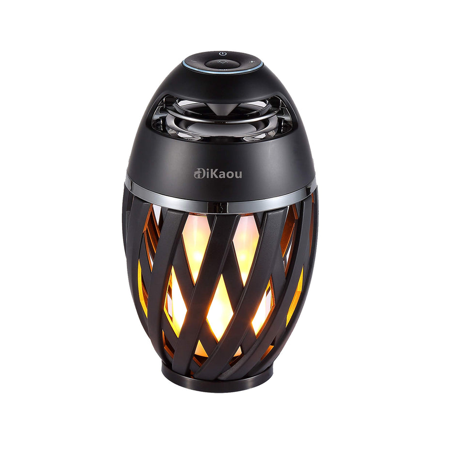 DiKaou LED flame outdoor table lamp front view with warm ambient glow.