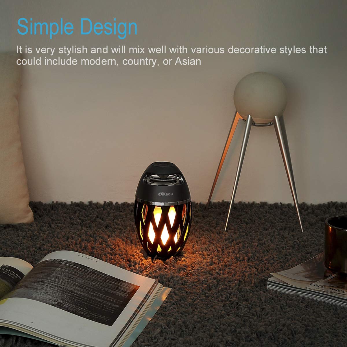 DiKaou LED flame lamp close-up highlighting natural dancing flame and soft yellow light.