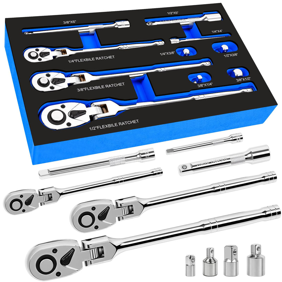 DikTalk 10-piece flex head ratchet set displayed with compact EVA case for DIY repairs