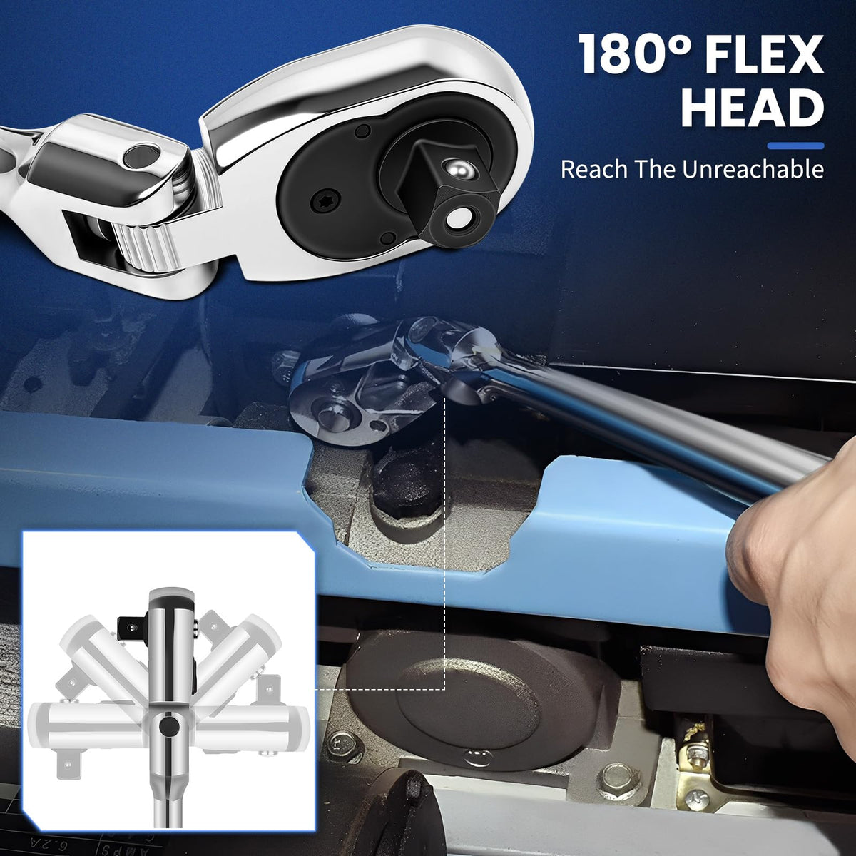 DikTalk 180-degree swivel head ratchet enabling versatile angles for bolts