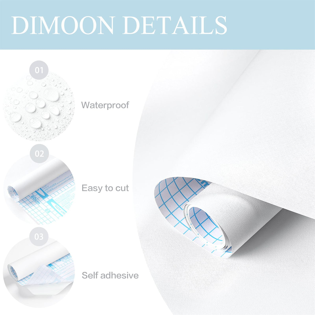Dimoon embossed white wallpaper texture highlights premium finish for counter or cabinet accents.