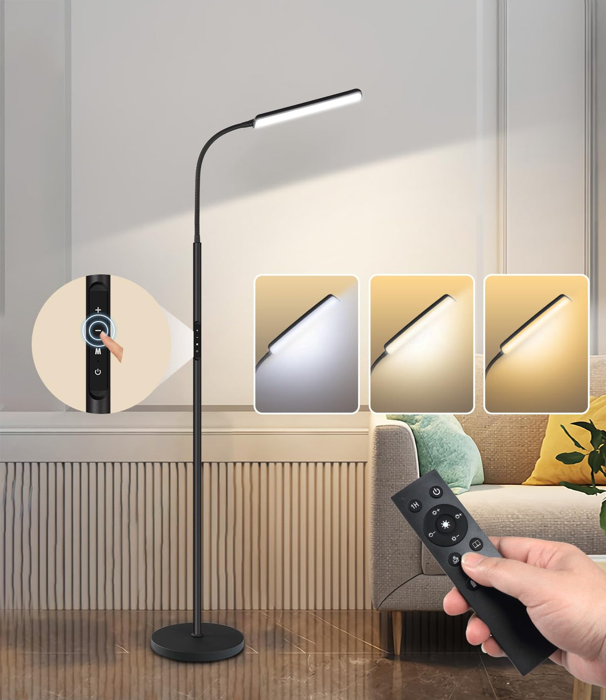 Dimunt LED floor lamp delivers up to 1000 lumens for clear, task-oriented reading.