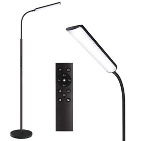 Dimunt LED floor lamp with arcuated lighting provides broad, even illumination for living rooms.