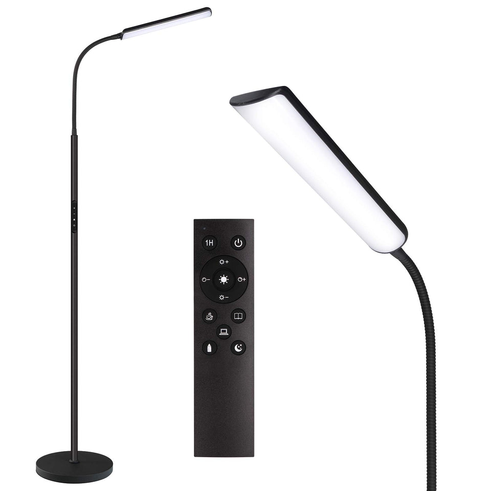 Dimunt LED floor lamp with arcuated lighting provides broad, even illumination for living rooms.