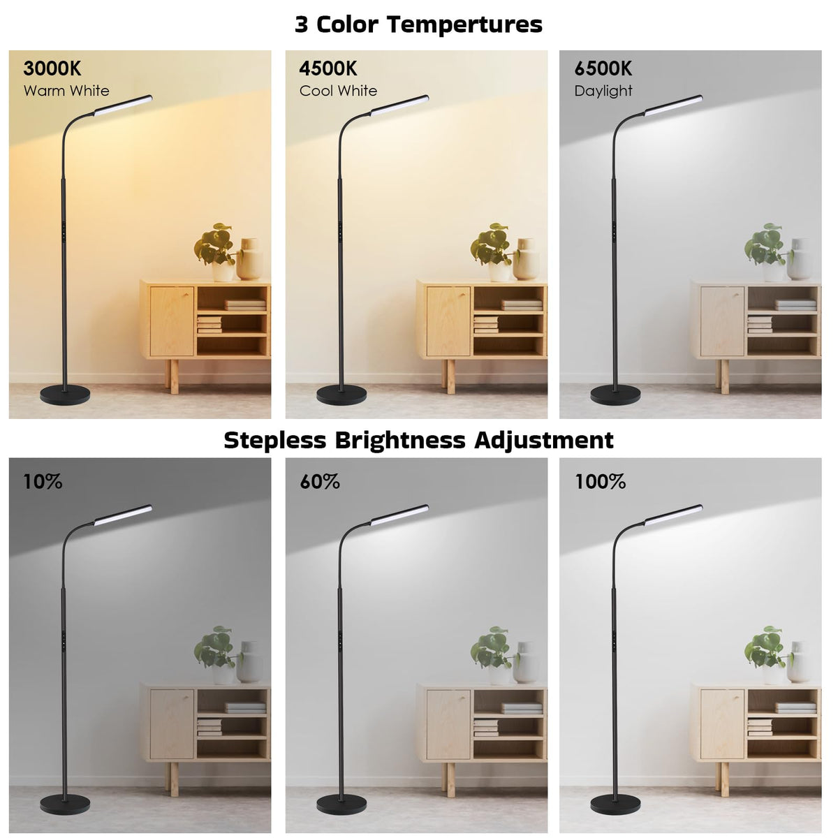 Dimunt floor lamp with remote control enables easy lighting from the sofa.