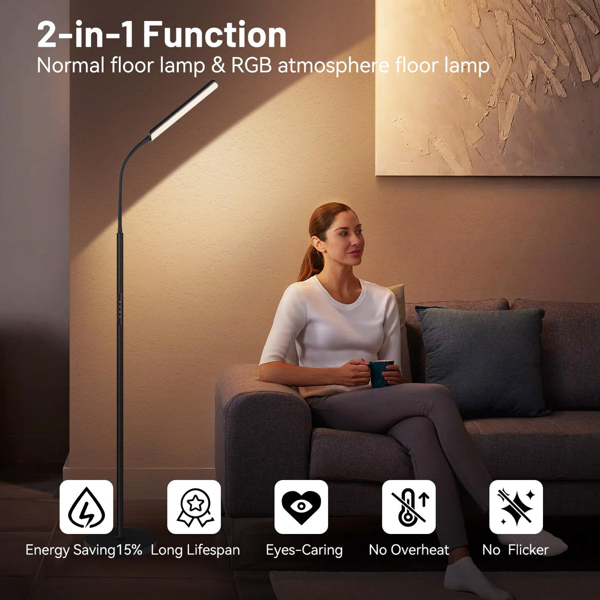 Dimunt LED Floor Lamp in RGB mode for customizable ambiance.