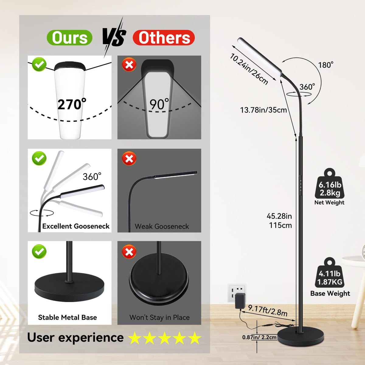 Dimunt LED Floor Lamp 350-degree rotatable gooseneck for precise lighting.