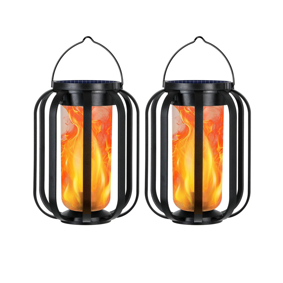 DINGFU solar lanterns in a 2-pack exterior setup for safe, stylish lighting.