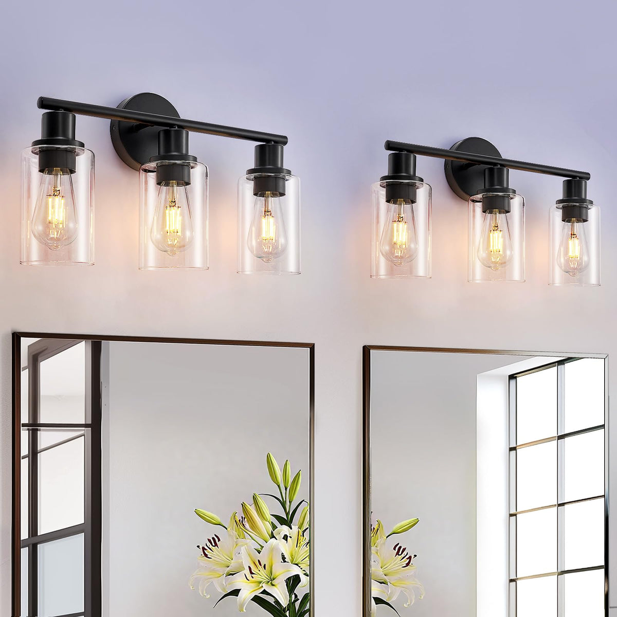 DINGLILIGHTING DLLT 3-light vanity set with black finish and clear glass shades for versatile bathroom lighting