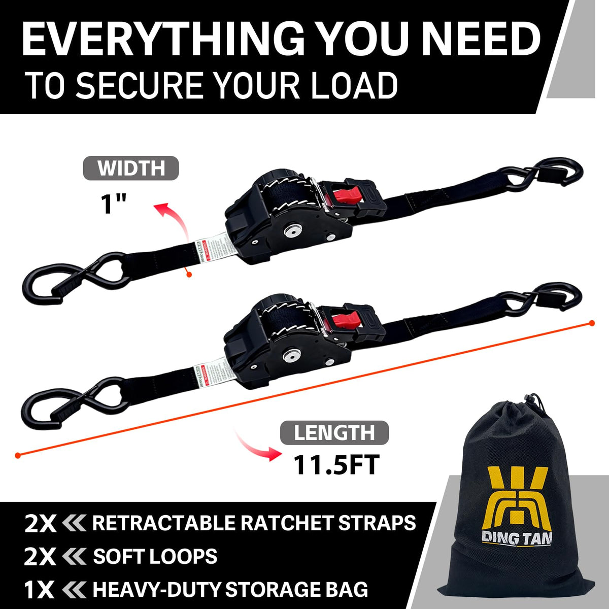 Dingtan 1-inch webbing retractable ratchet strap for versatile tie-downs.