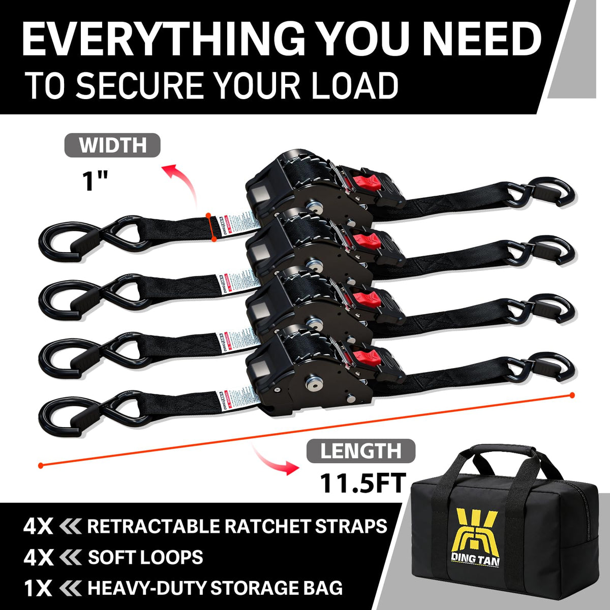 Dingtan retractable ratchet strap 4-pack hardware close-up with rust-resistant hooks