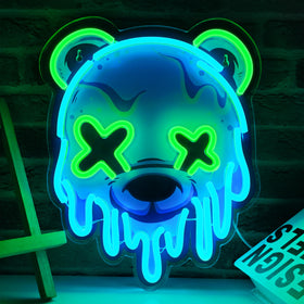 Dipomy Ice Bear Neon Sign glows green and ice blue on a wall, creating atmosphere