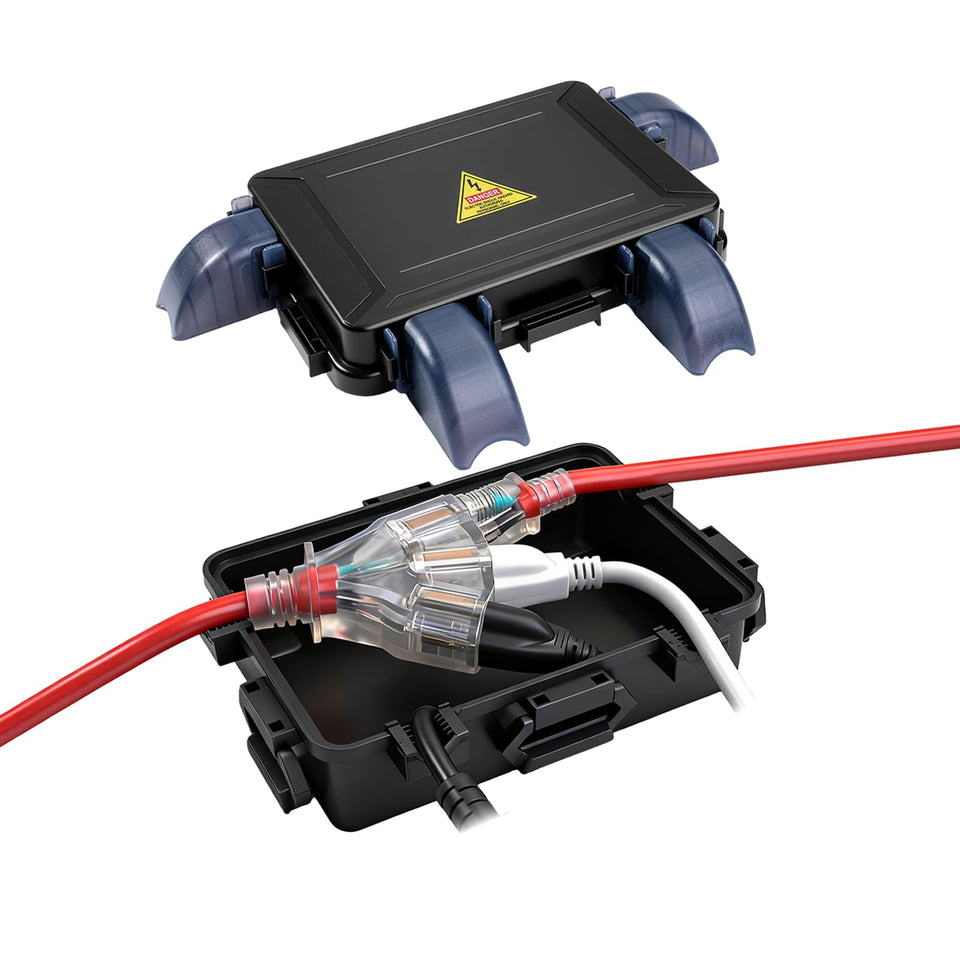 DIQMIAQ small outdoor electrical box, front view, compact and weatherproof for outdoor power.