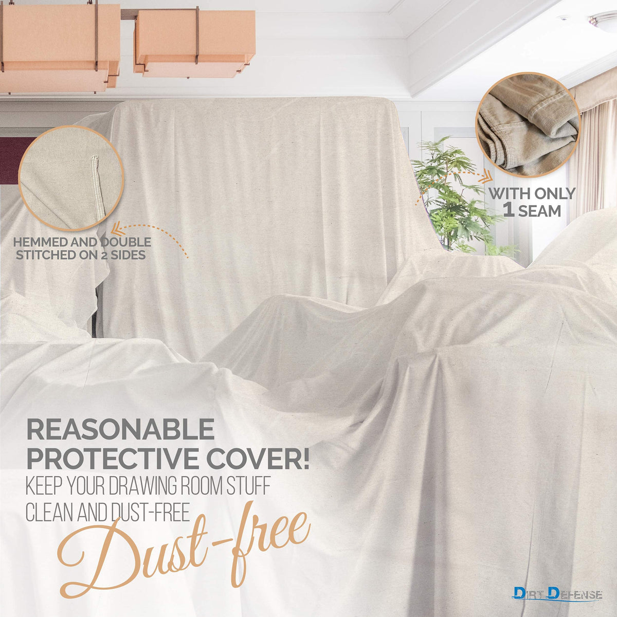 DIRT DEFENSE canvas drop cloth 9x12 edge stitching resists fraying for reuse.