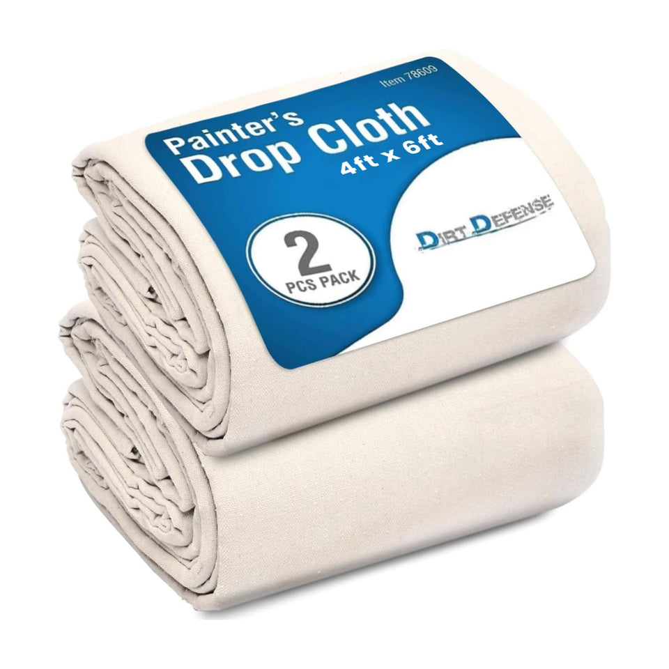 DIRT DEFENSE pack-2 canvas drop cloth 4x6 protects floors during painting projects.