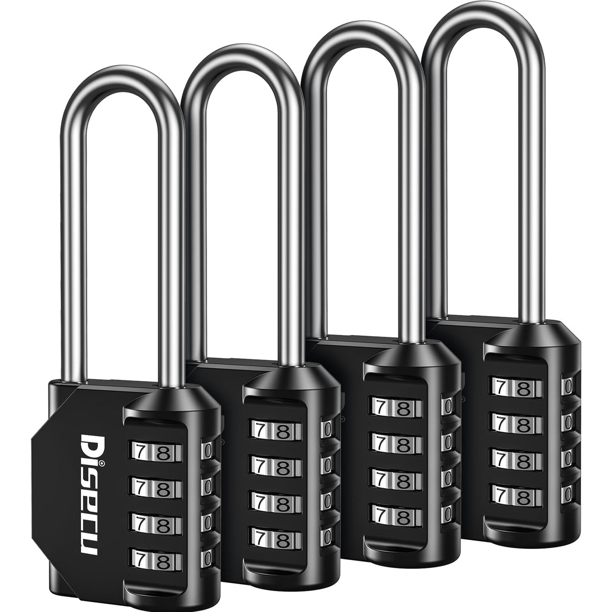 Disecu 4-pack long shackle padlock with 4-digit code for secure lockers, gates, and storage.