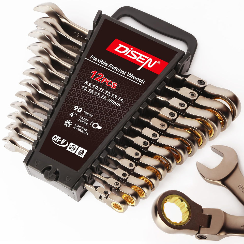 DISEN 12-pc flex-head wrench set in a compact case for tight spaces