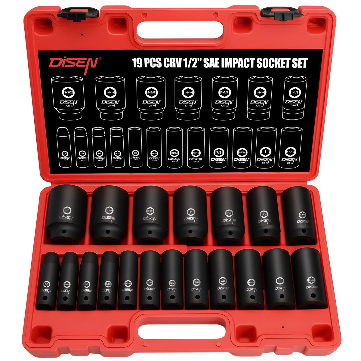 DISEN 19-piece SAE impact socket set with deep drive sockets for heavy-duty fasteners.