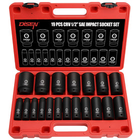 DISEN 19-piece SAE impact socket set with deep drive sockets for heavy-duty fasteners.