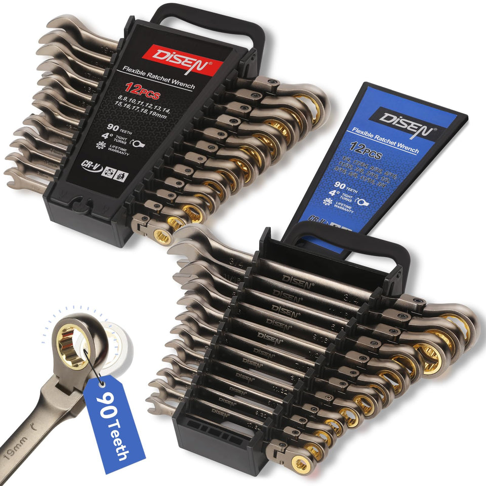 DISEN 24pcs ratchet wrench set with flex head for tight spaces.