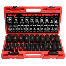 DISEN 26pc deep socket set with 1/2 in drive, ideal for recessed fasteners.