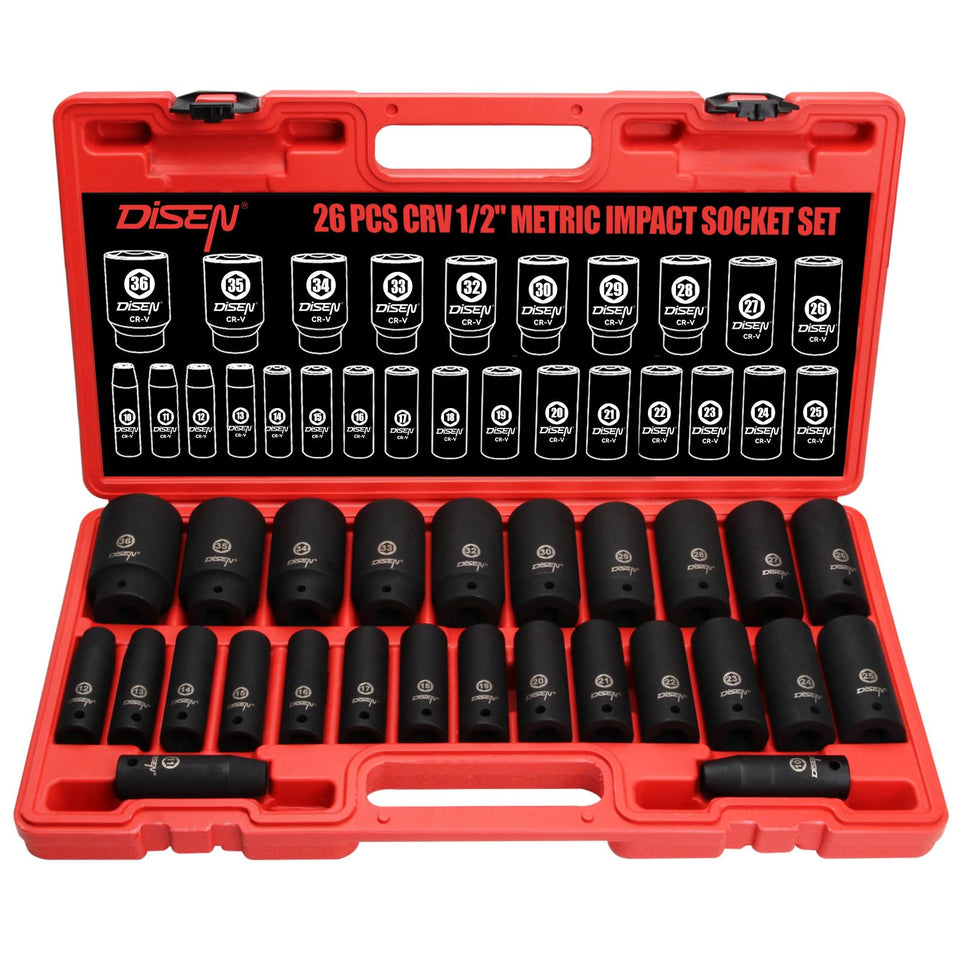 DISEN 26pc deep socket set with 1/2 in drive, ideal for recessed fasteners.