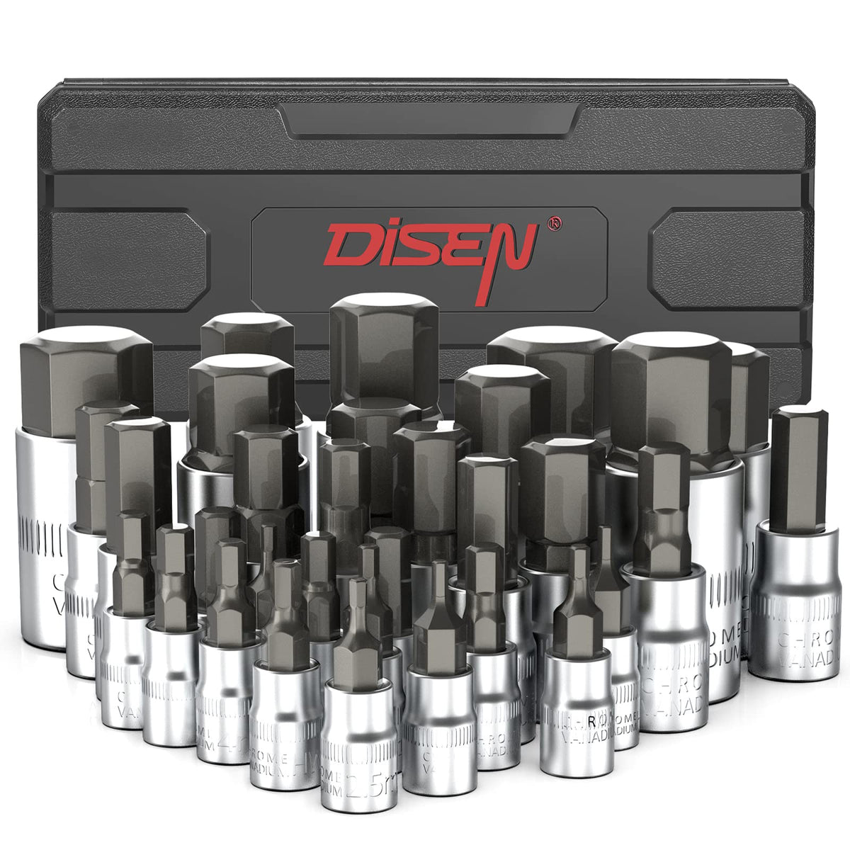 Disen 32pc hex bit socket set in case front view shows organized storage for quick access