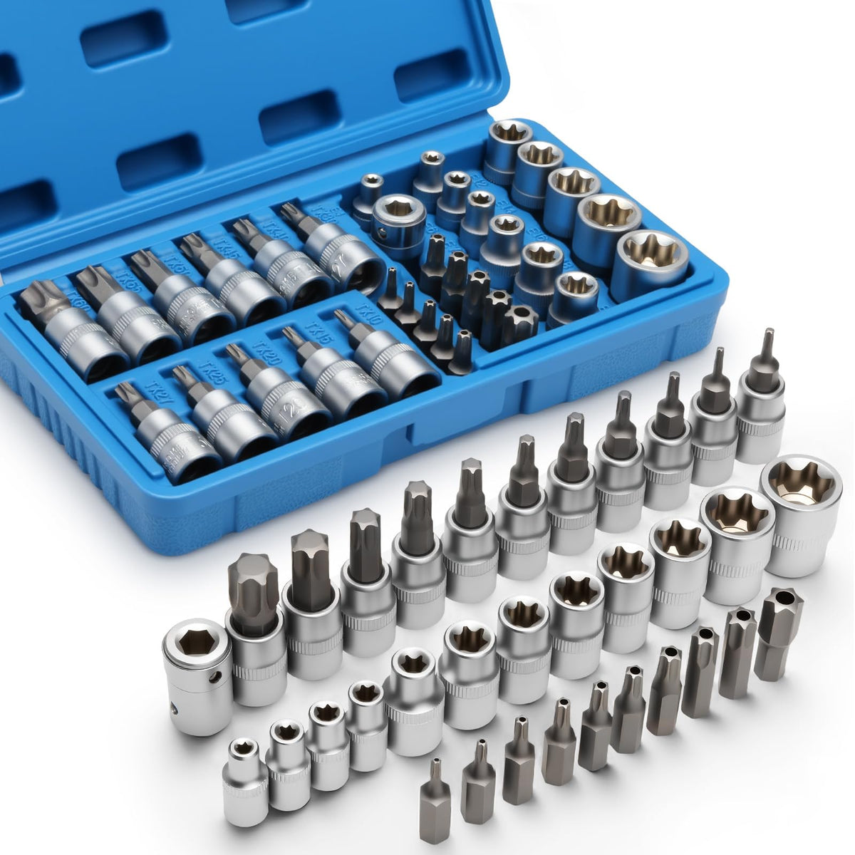 DISEN 34-piece drive socket set in a blue case for organized projects.
