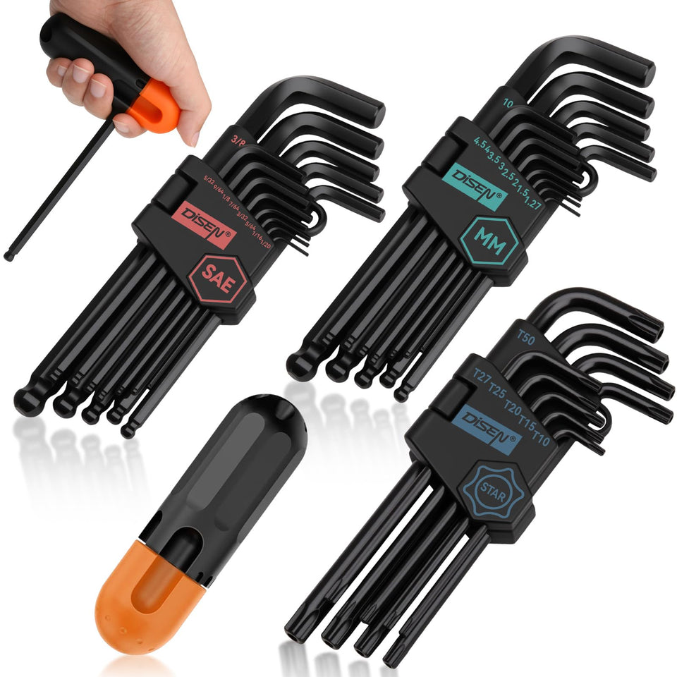 DISEN 36pc Allen wrench set showing SAE, metric, and Torx sizes for versatile fastening.