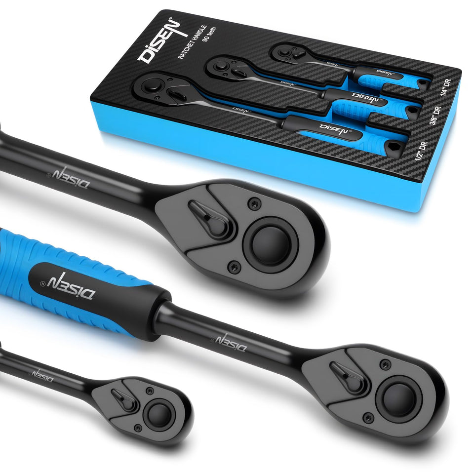 DISEN 3PCS Black Ratchet Set 1/2 drive with non-slip grip for heavy-duty work.