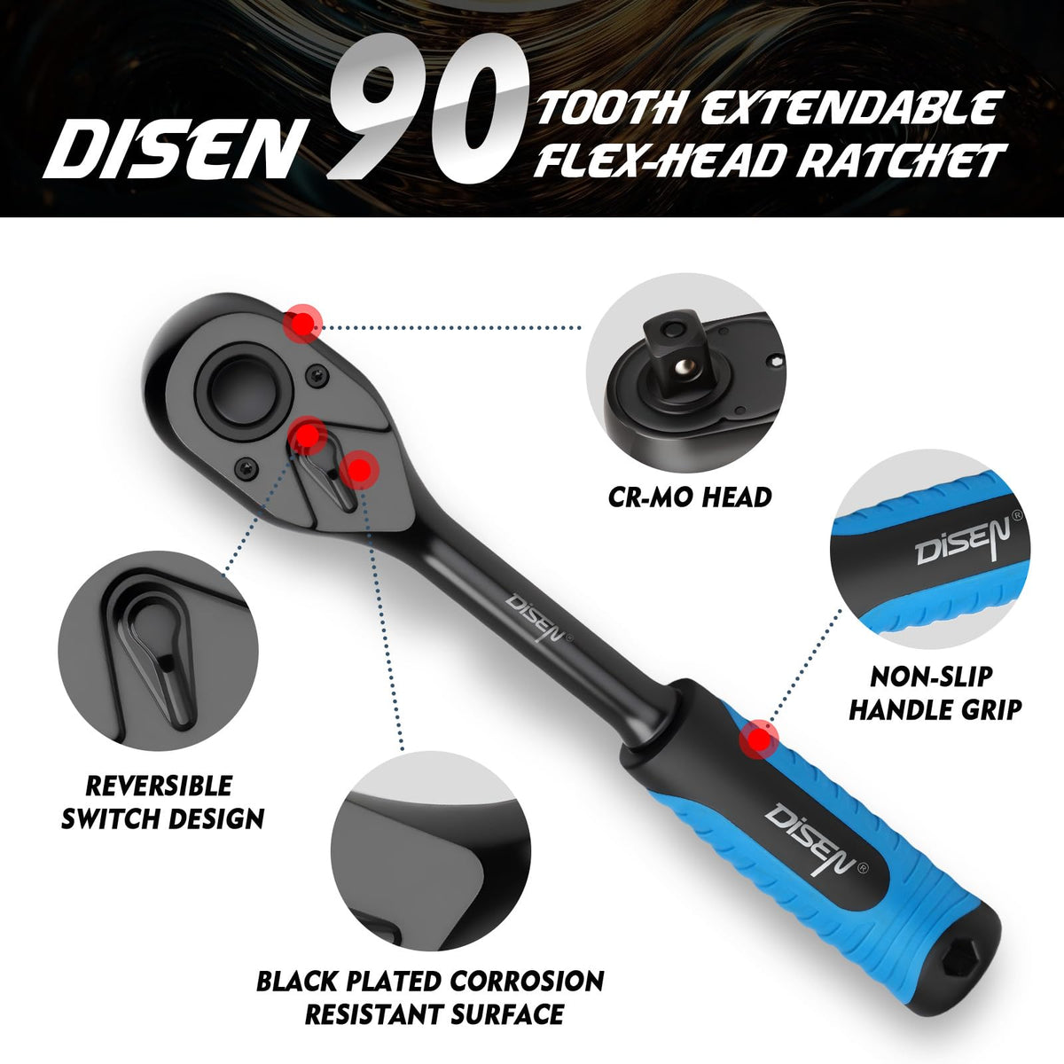 DISEN 3PCS Black Ratchet Set 1/4 drive compact reach for tight spaces.