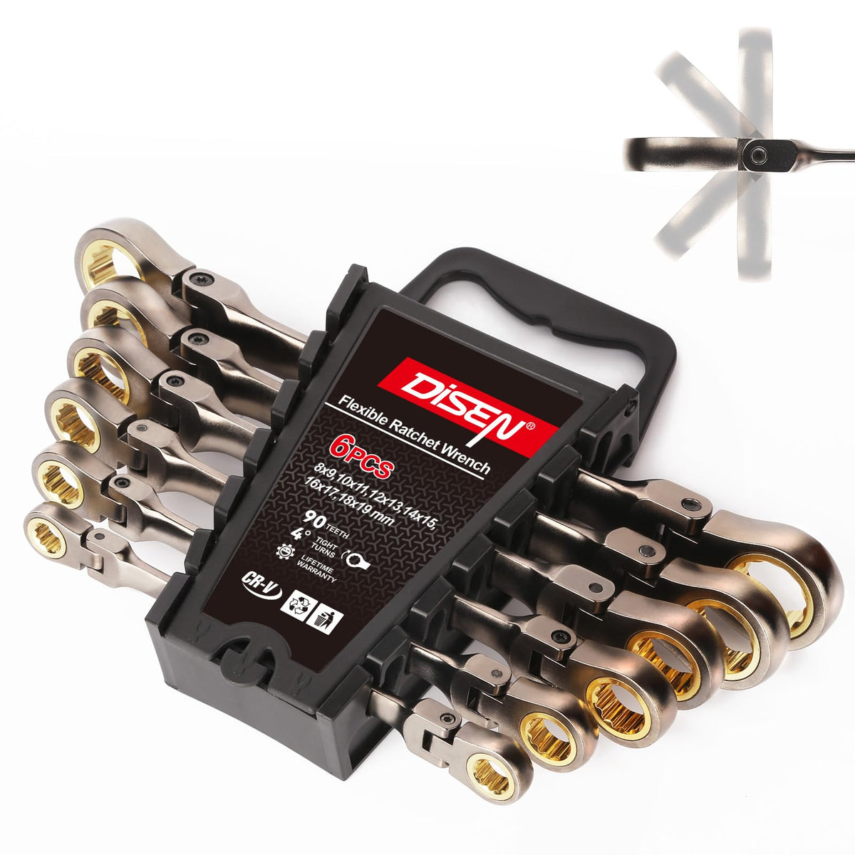 DISEN 6-piece ratcheting wrench set with double box ends for versatile home repairs.