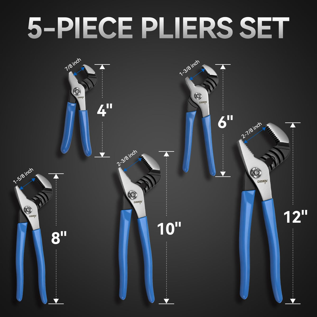 DISEN Channel Locks Pliers with dipped handles for comfortable extended use.