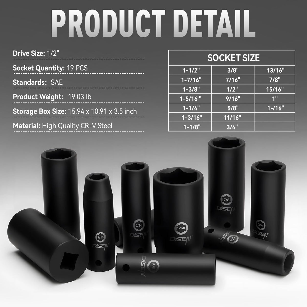 DISEN six-point design sockets deliver high torque on tough bolts.