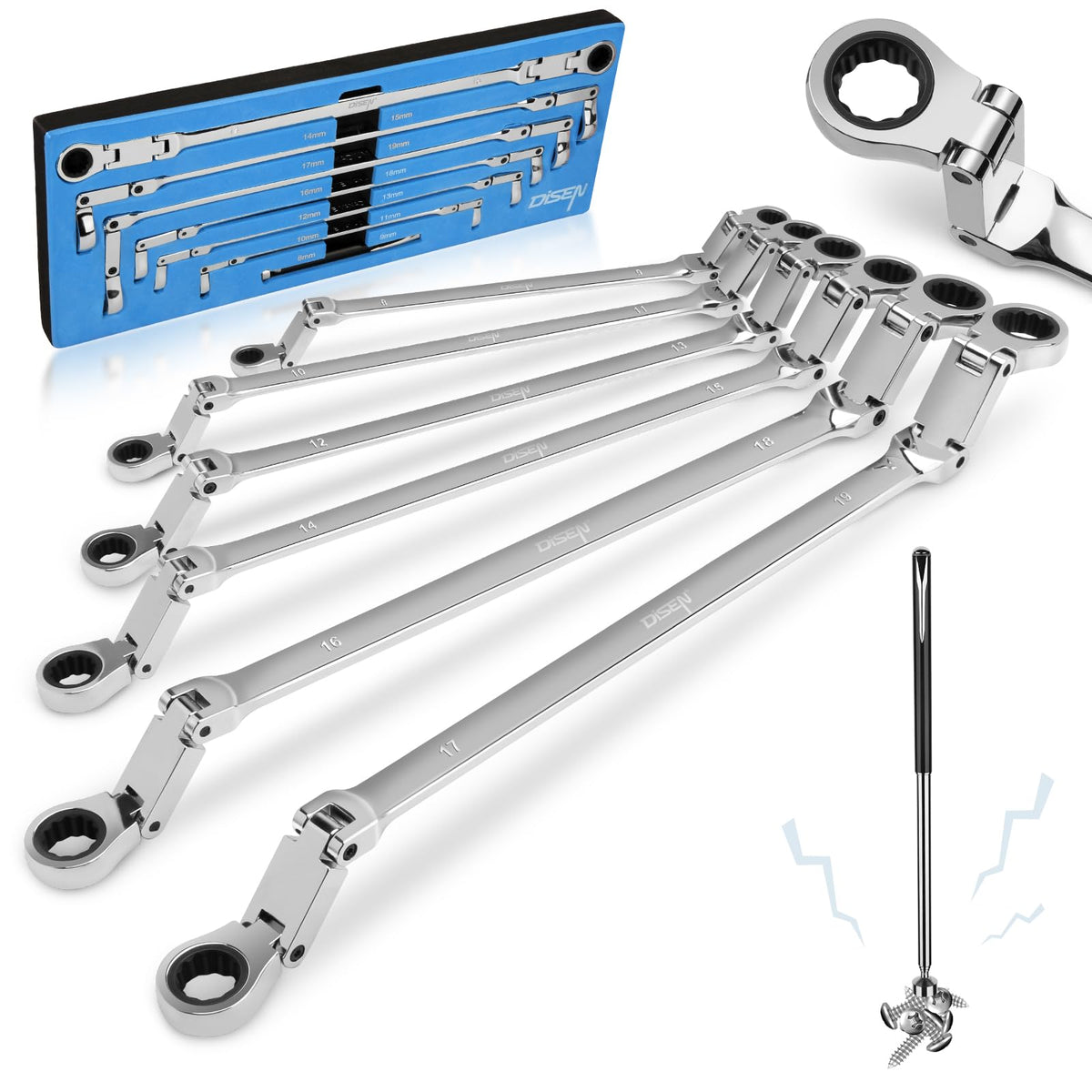 DISEN double jointed ratchet wrench with foldable head reaches tight spaces efficiently.