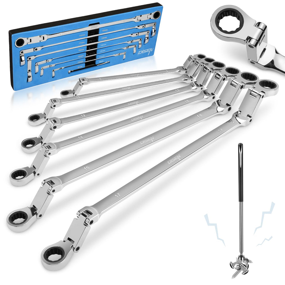 DISEN double jointed ratchet wrench with foldable head reaches tight spaces efficiently.
